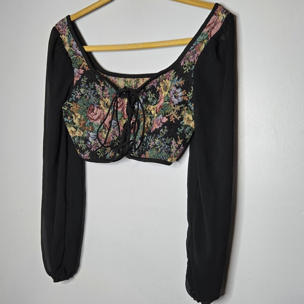 Floral Tapestry Lace Up Corset Crop Top Sheer Long Sleeve S Goth Fairy Grunge - Picture 7 of 7